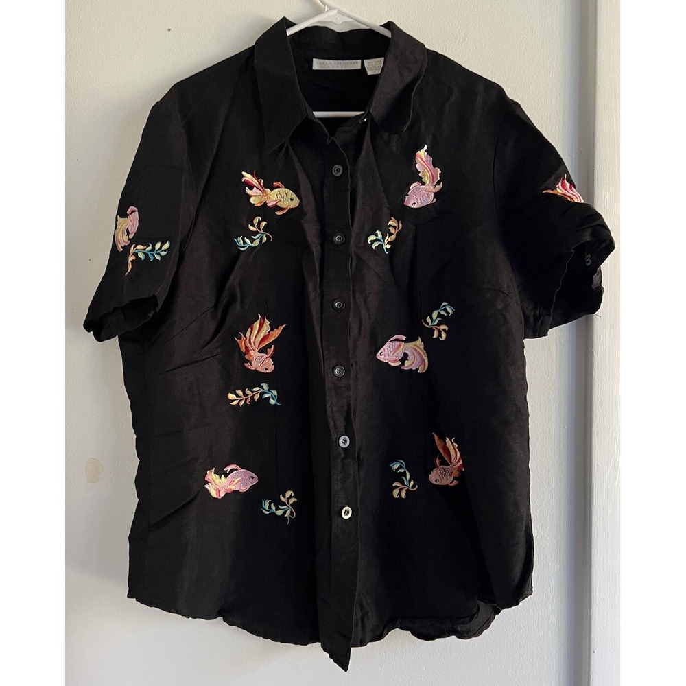 Sarah Spencer Black Linen Blouse Women's 16 Embroidered Artsy Goldfish Colorful - Picture 14 of 16